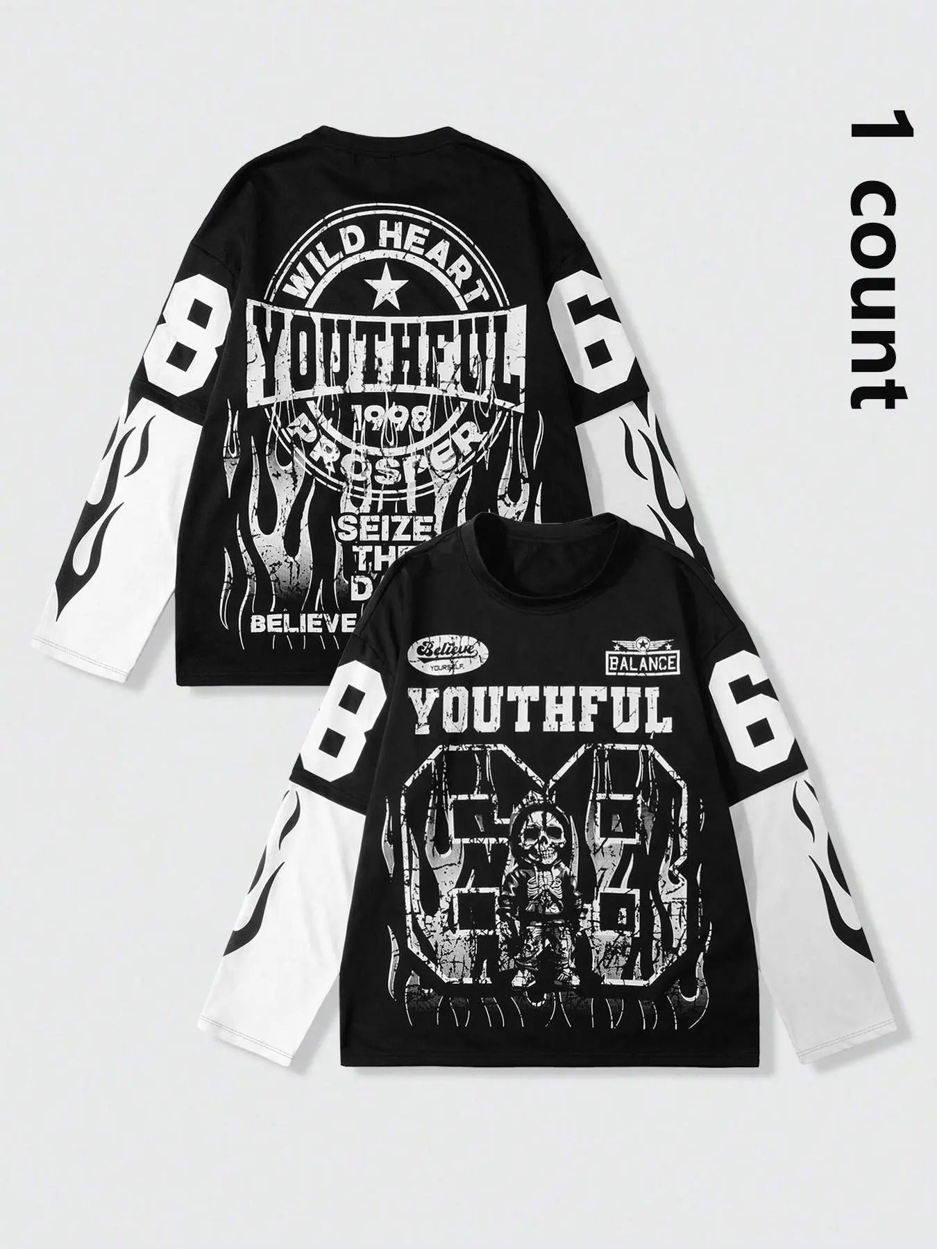 Men's Regular Fit Skull & Letter Print Long Sleeve Tee, Casual Street Round Neck T-shirt for Daily Wear, Menswear for All Seasons