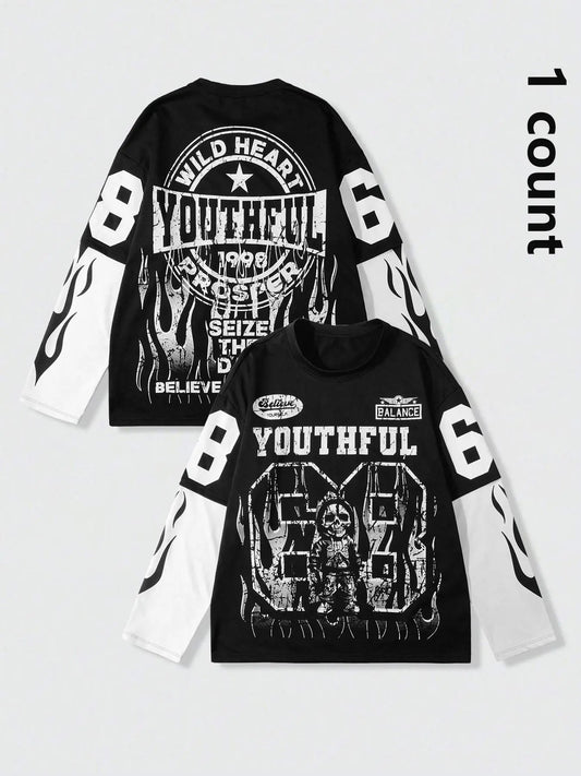 Men's Regular Fit Skull & Letter Print Long Sleeve Tee, Casual Street Round Neck T-shirt for Daily Wear, Menswear for All Seasons