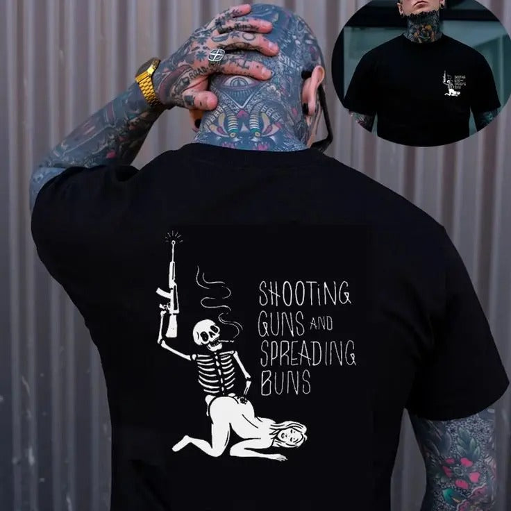 Men's SHOOTING GUNS AND SPREADING BUNS Skull with Sexy Lady Print T-shirt, Sweatshirt, Hoodie, 2 sided shirt Unisex Shirt, Naughty Clothes Men  - Unisex Shirt, Naughty Clothes Men