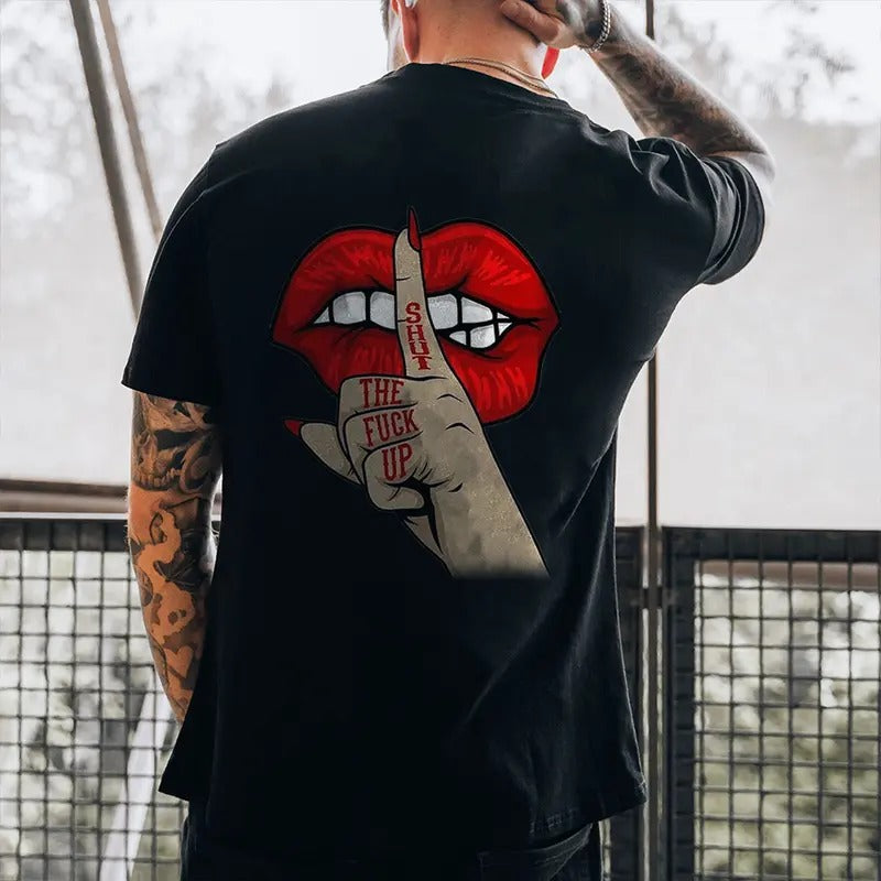 Men's SHUT THE F.U.C.K UP Red Lips Keep Silent Gesture Print T-shirt, Sweatshirt, Hoodie Unisex Shirt, Naughty Clothes Men  - Unisex Shirt, Naughty Clothes Men Cotton Fabric Menswear Classic