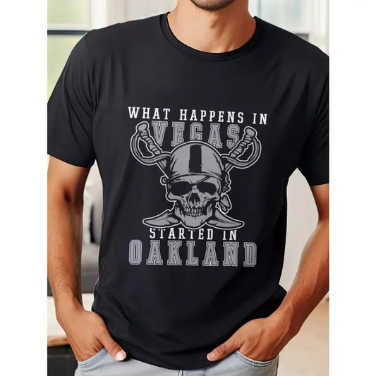 Men's Short Sleeve Graphic T-Shirt - Summer Casual Sporty T-Shirts with Breathable Fabric, Front Print Design,Relaxed Fit - What Happens In Vegas Started In Oakland Oakland-Themed Tee Made in USA