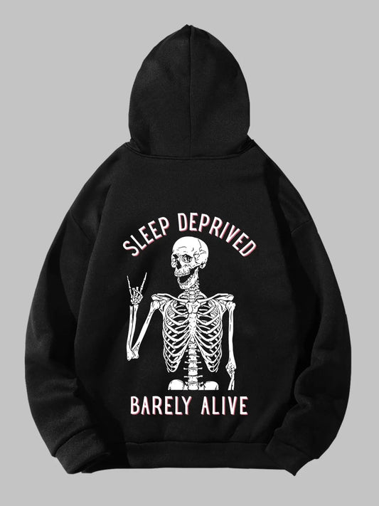 Men's Skeleton & Letter Print Drop Shoulder Hoodie, Fashion Casual Regular Fit Drawstring Pocket Hooded Sweatshirt for Daily Holiday Outdoor Wear, Men Clothes for Fall & Winter