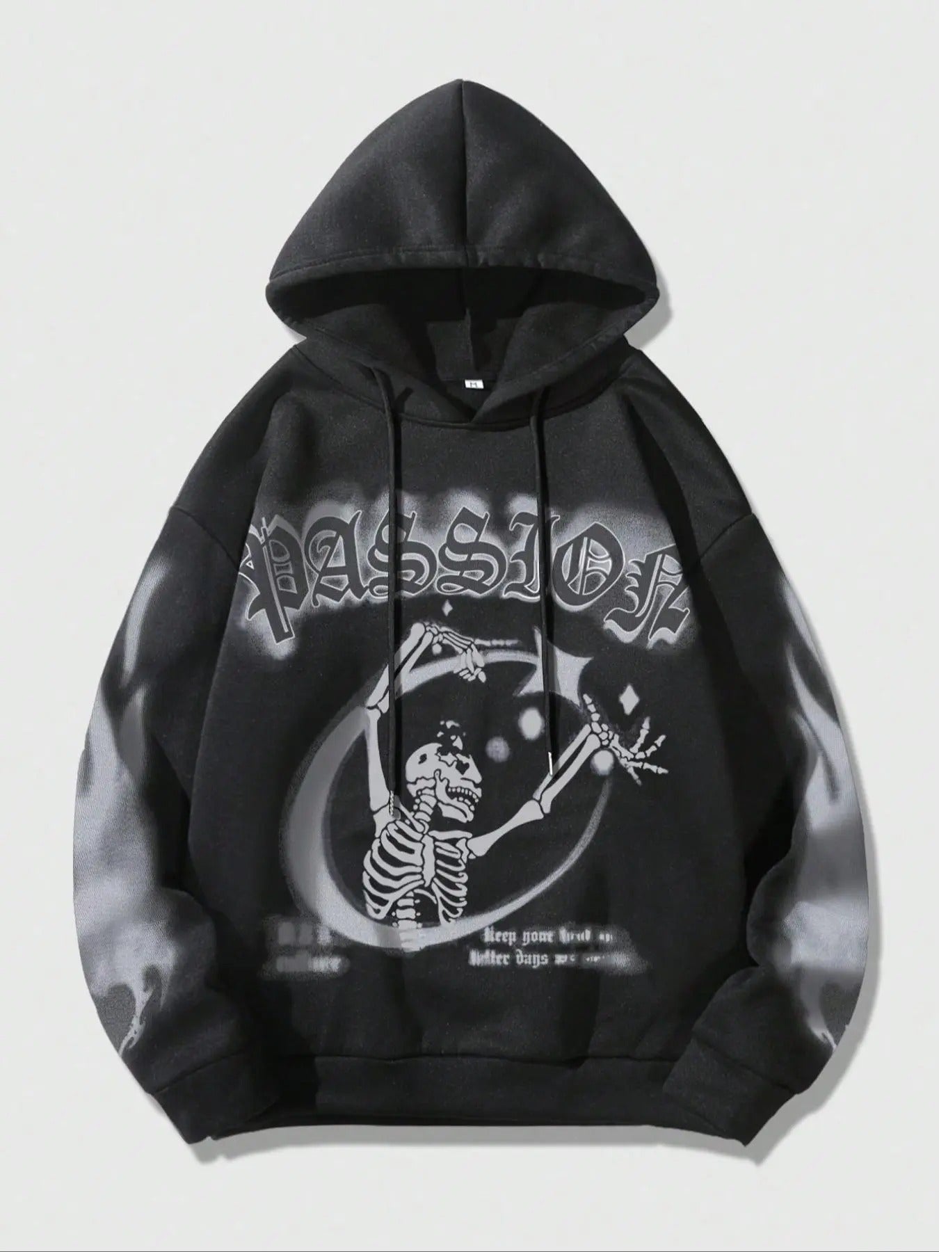 Men's Skeleton & Letter Print Drop Shoulder Hoodie, Street Regular Fit Drawstring Hooded Sweatshirt for Daily Holiday Outdoor Wear, Men Clothes for Fall & Winter