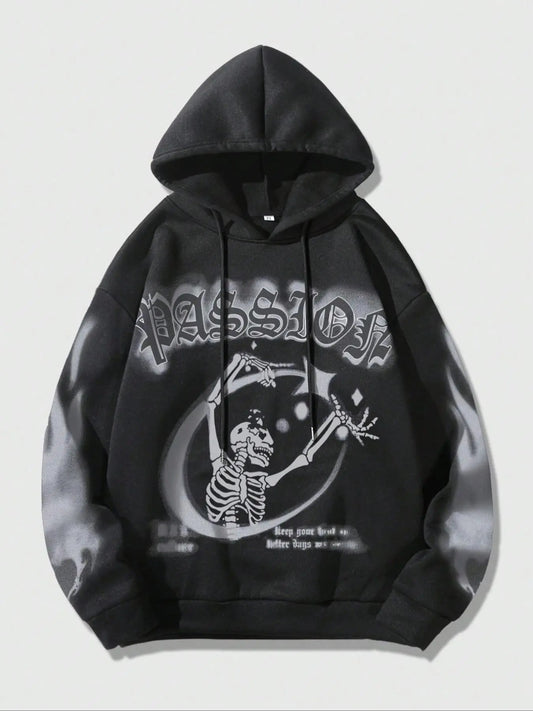Men's Skeleton & Letter Print Drop Shoulder Hoodie, Street Regular Fit Drawstring Hooded Sweatshirt for Daily Holiday Outdoor Wear, Men Clothes for Fall & Winter