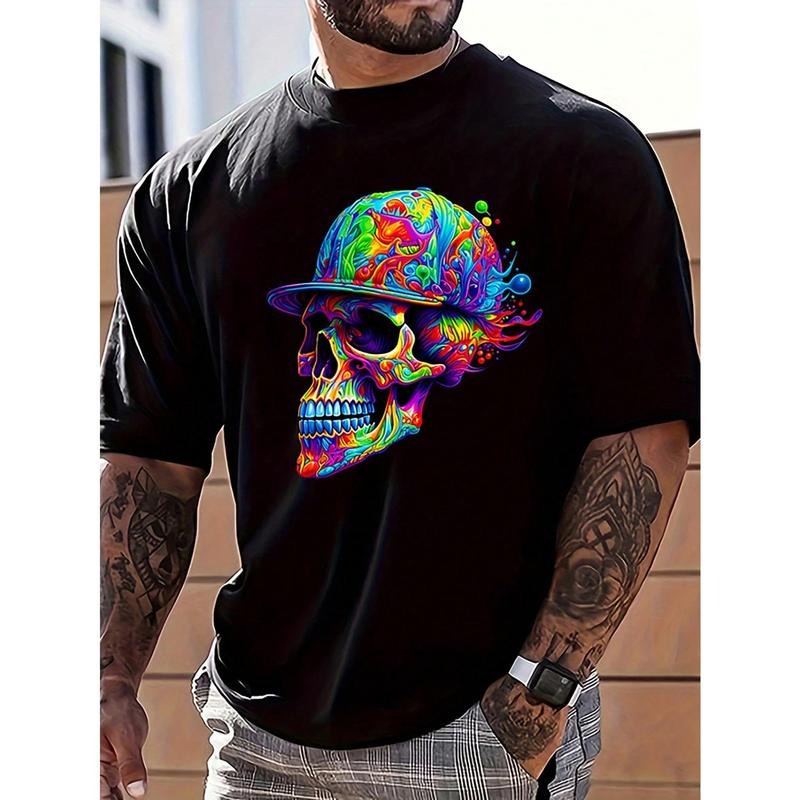 Men's Skull Print Round Neck Short Sleeve Casual T-Shirt, Summer Made in USA