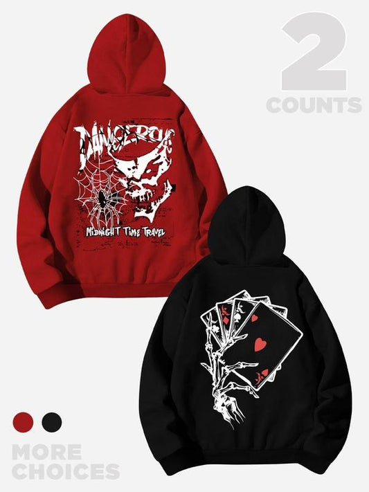 Men's Spider & Playing Card Print Drop Shoulder Hoodie, Fashion Casual Regular Fit Drawstring Pocket Hooded Sweatshirt for Daily Holiday Outdoor Wear, Men Clothes for Fall & Winter