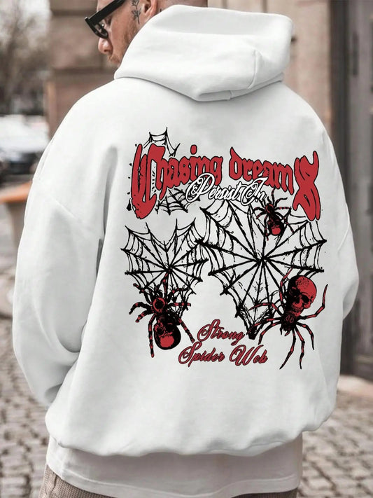 Men's Spider & Skull Print Drop Shoulder Hoodie, Fashion Casual Regular Fit Drawstring Pocket Hooded Sweatshirt for Daily Holiday Outdoor Wear, Men Clothes for Fall & Winter