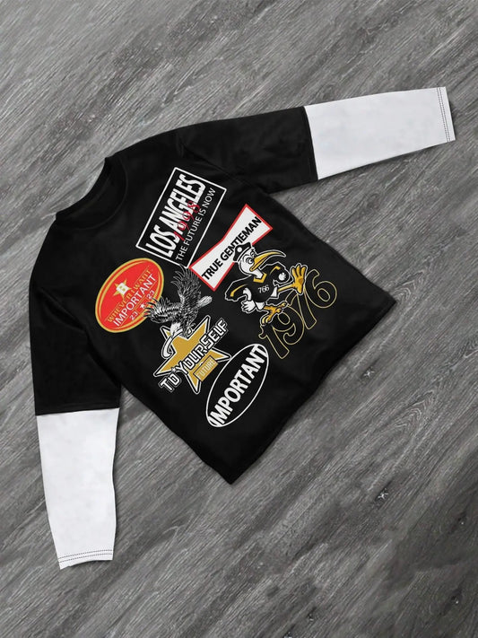 Men's Street Style Graphic Print Round Neck Long Sleeve Tee, Regular Fit Trendy Stylish Crew Neck T-shirt for Daily Holiday Vacation Outdoor Wear, Men Clothes for All Seasons