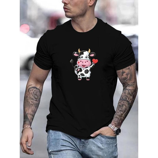 Men's Summer Casual T-Shirt with Cute Cow & Heart Design - Breathable Polyester, Round Neck, Short Sleeve made in usa