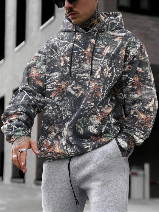 Men's Tree Camo Print Drawstring Hoodie, Street Fashion Casual Regular Fit Hooded Sweatshirt for Daily Holiday Outdoor Wear, Men Clothes for All Seasons