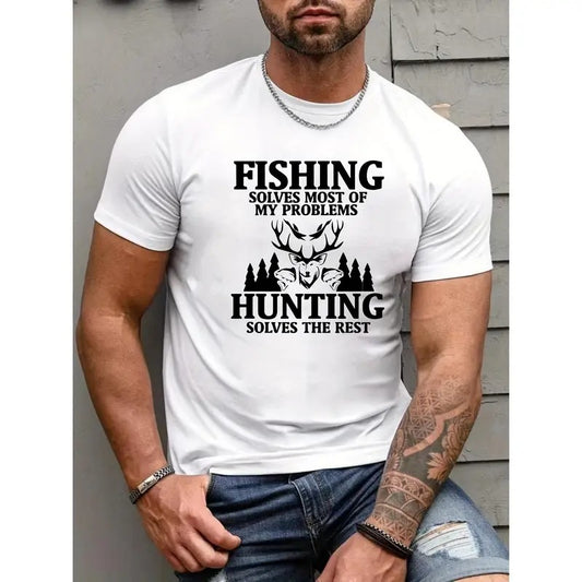 Men's Trendy T-Shirts, Casual Crew Neck Short Sleeves With "Fishing& Hunting" Print For Summer & Spring Made in USA