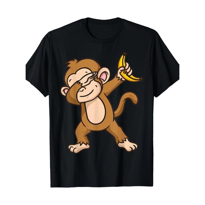 Men's Tropical Monkey & Banana Print Cotton Tee - Casual Crew Neck, Stretchy & Breathable Fabric, Perfect for All Seasons made in usa