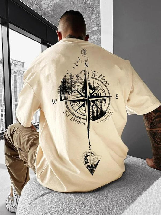 Men's Vintage Compass & Mountain Print Short Sleeve Graphic Tee, Regular Fit Casual Comfy Round Neck T-shirt for Daily Wear, Men's Top for Summer, Tropical