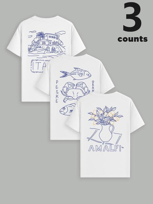 Men's Vintage Graphic Print Round Neck Tee, Regular Fit Casual Short Sleeve T-shirt, Men's Summer Top for Daily Wear, Tropical