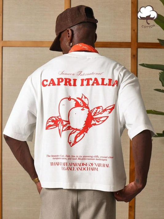 Men's Vintage Graphic Print Short Sleeve Tee, Regular Fit Casual Capri Italy T-shirt for Summer, Men's Top for Daily Wear, Crewneck, Cotton