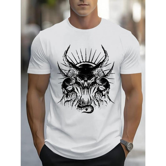 Men's Vintage-Inspired Skull Graphic T-Shirt - Casual & Sporty, Round Neck, Short Sleeve, Breathable Blend, Machine Washable - Perfect for Summer Made in USA