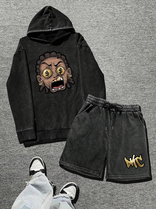 Men's Washed Distressed Cartoon Face Print Hoodie & Letter Print Drawstring Waist Shorts Two-Piece Set, Regular Fit Street Fashion Casual Comfy Long Sleeve Hooded Sweatshirt & Pocket Track Shorts for Daily Outdoor Wear, Men's Clothing for Summer, Cotton