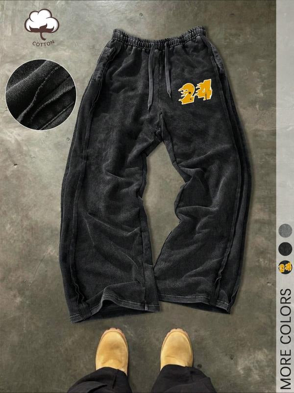 Men's Young Street Style, Minimalist Cotton Sweatpants With Loose Fit Wide Leg, Elastic Waist Knit Sports Pants, Weathered Cotton Fabric With Subtle Distressed Details, Casual Street-Inspired Style For Daily