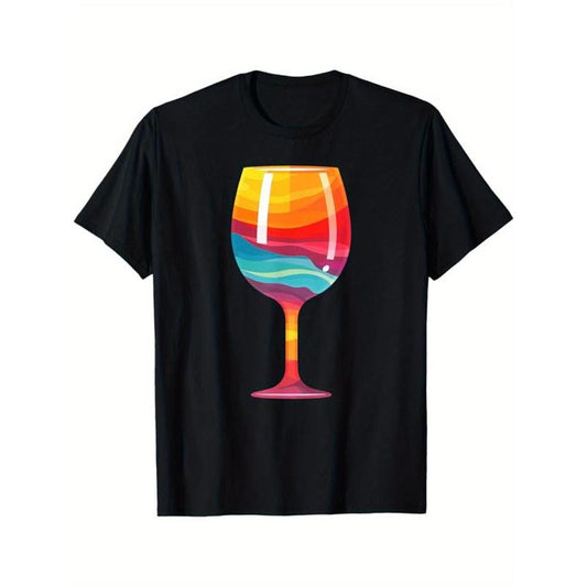 Men's cotton printed T-shirt with wine pattern, casual short-sleeved round neck game T-shirt, men's outdoor T-shirt Made in USA