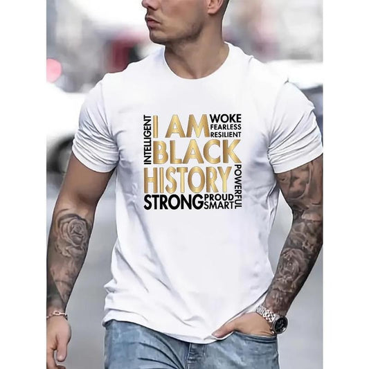 Men's crew neck T-shirt, I am black history funny men short sleeve pattern T-shirt series black, comfortable breathable quality material fitness training Made in USA