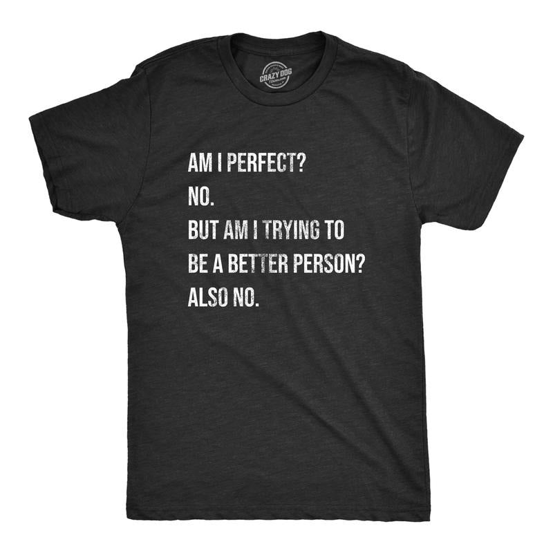 Mens Am I Perfect No T Shirt Funny Sarcastic Self Improvement Joke Novelty Tee For Guys Mens Funny T Shirts Cool Tees Soft Stylish Casual Menswear Funny Sarcastic Short Sleeve Novelty Tees for Guys Black