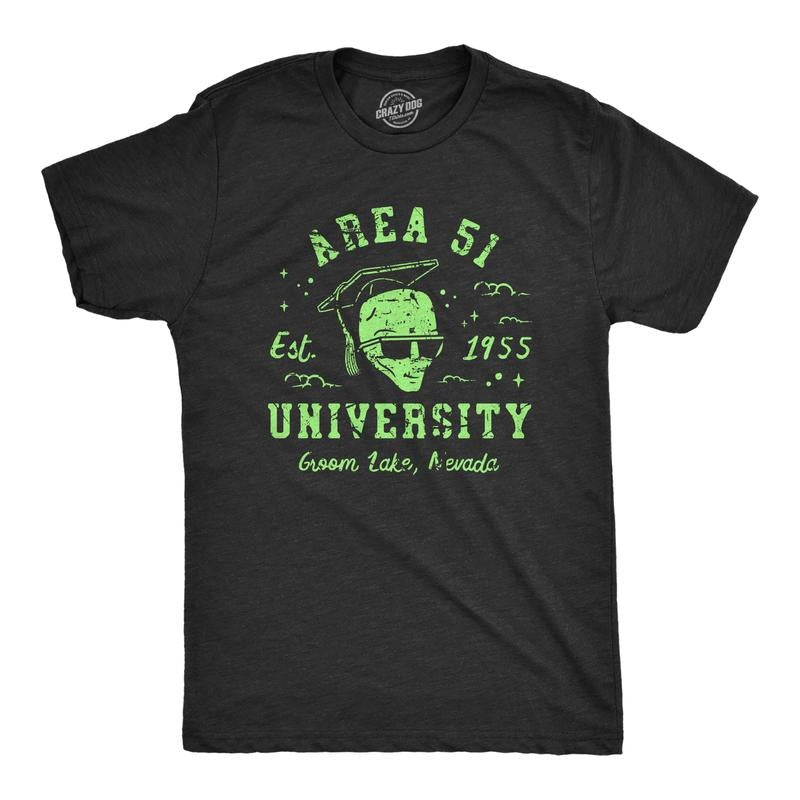 Mens Area 51 University T Shirt Funny Alien Conspiracy School Joke Tee for Guys Mens Funny T Shirts Cool Tees Soft Stylish Casual Menswear Sarcastic Apparel for Men Funny Space Short Sleeve Novelty Black -