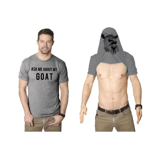 Mens Ask Me About My Goat T Shirt Flip Funny Farm Animal Cool Novelty Graphic Mens Funny T Shirts Cool Tees Soft Stylish Casual Menswear Flip Apparel for Men Funny Animal Short Sleeve Novelty Tees for Light Grey