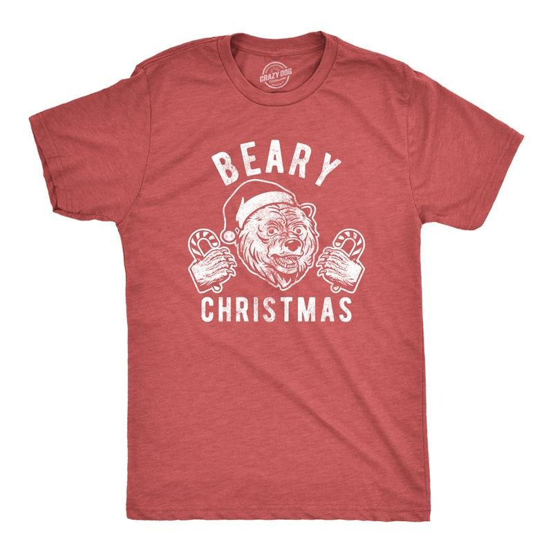 Mens Beary Christmas T Shirt Funny Holiday Party Bear Novelty Graphic Tee Mens Funny T Shirts Cool Tees Soft Stylish Casual Menswear Christmas Apparel for Men Funny Animal Short Sleeve Novelty Tees Red