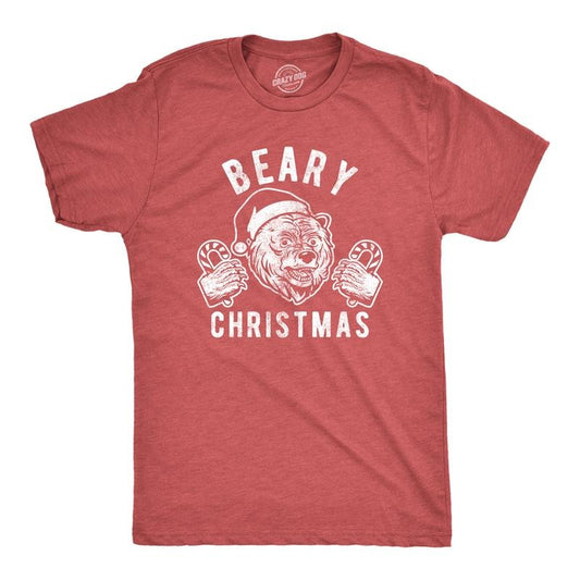 Mens Beary Christmas T Shirt Funny Holiday Party Bear Novelty Graphic Tee Mens Funny T Shirts Cool Tees Soft Stylish Casual Menswear Christmas Apparel for Men Funny Animal Short Sleeve Novelty Tees Red