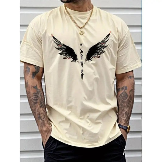 Mens Bold Wings Print T-shirt - Lightweight & Breathable, Casual Short Sleeve Crew Neck - Perfect Summer Outdoor Clothing for Stylish AdventuresMade in USA