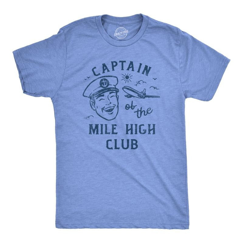 Mens Captain Of The Mile High Club T Shirt Funny Airplane Flight Sex Joke Tee For Guys Mens Funny T Shirts Cool Tees Soft Stylish Casual Menswear Funny Sarcastic T Shirt Novelty Tees for Men Light Blue