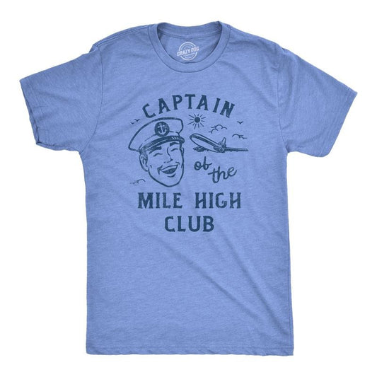 Mens Captain Of The Mile High Club T Shirt Funny Airplane Flight Sex Joke Tee For Guys Mens Funny T Shirts Cool Tees Soft Stylish Casual Menswear Funny Sarcastic T Shirt Novelty Tees for Men Light Blue
