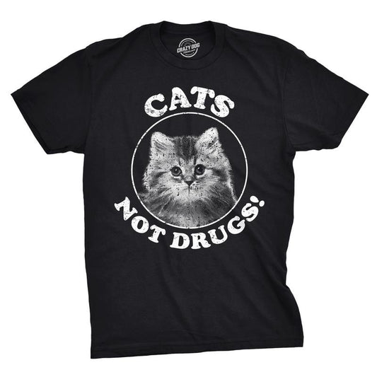Mens Cats Not Drugs Funny Crazy Cat Person Anti Drug Meow Kitty T shirt Mens Funny T Shirts Cool Tees Soft Stylish Casual Menswear Funny Cat Short Sleeve Novelty Tees for Guys Black