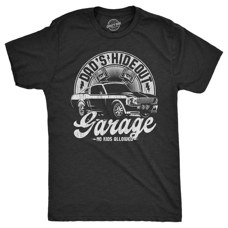 Mens Dads Hideout Garage T Shirt Funny Fathers Day Gift Car Guy Mechanic Tee for Guys Mens Funny T Shirts Cool Tees Soft Stylish Casual Menswear Dad Joke Apparel for Men Funny Mechanic Short Sleeve Black -