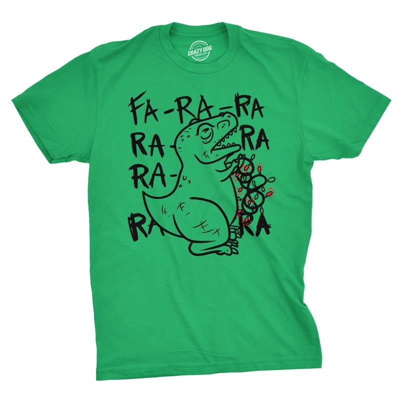 Mens Fa Ra Ra Ra Ra Trex Christmas Lights Funny Holiday Dinosaur T shirt Mens Funny T Shirts Cool Tees Soft Stylish Casual Menswear Green