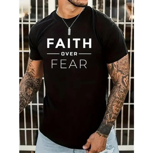 Mens Faith Over Fear Graphic Tee - Lightweight, Short Sleeve, Crew Neck - Inspirational Summer Clothing for Outdoor Adventures Made in USA