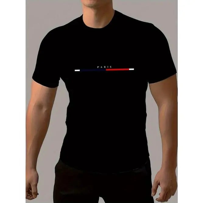 Mens Fashion Crew Neck Short Sleeve T-Shirt - Summer Casual Trendy Tops for Daily Sports Leisurewear - Paris Letter Print Striped Design, Breathable Fabric, Soft Comfortable Wear Made in USA