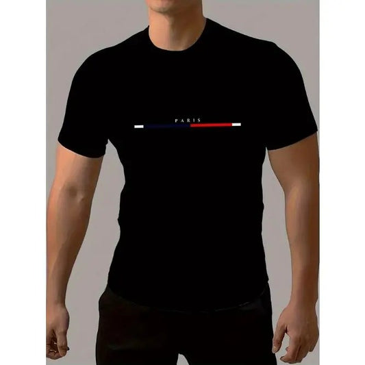 Mens Fashion Crew Neck Short Sleeve T-Shirt - Summer Casual Trendy Tops for Daily Sports Leisurewear - Paris Letter Print Striped Design, Breathable Fabric, Soft Comfortable Wear Made in USA