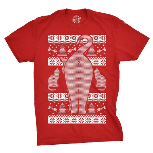 Mens Festive Cat Butt Ugly Christmas Sweater T Shirt Funny Holiday Novelty Top Mens Funny T Shirts Cool Tees Soft Stylish Casual Menswear Christmas Apparel for Men Funny Ugly Sweater Short Sleeve Red