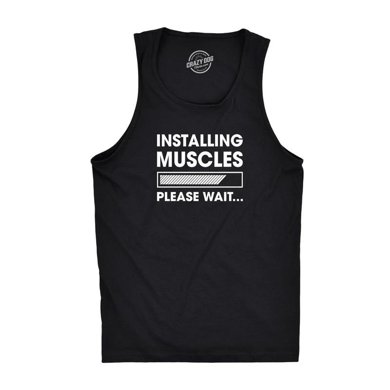 Mens Fitness Tank Installing Muscles Please Wait Tanktop Funny Workout T Shirt Funny Workout Shirt for Men with Plus Sizes Nerd Tank Top for Men Funny Fitness Sleeveless Tee Novelty Tank Tops for Guys Black -
