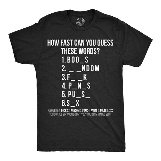 Mens Funny T Shirts How Fast Can You Guess These Words Sarcastic Adult Tee for Men Mens Funny T Shirts Cool Tees Soft Stylish Casual Black -