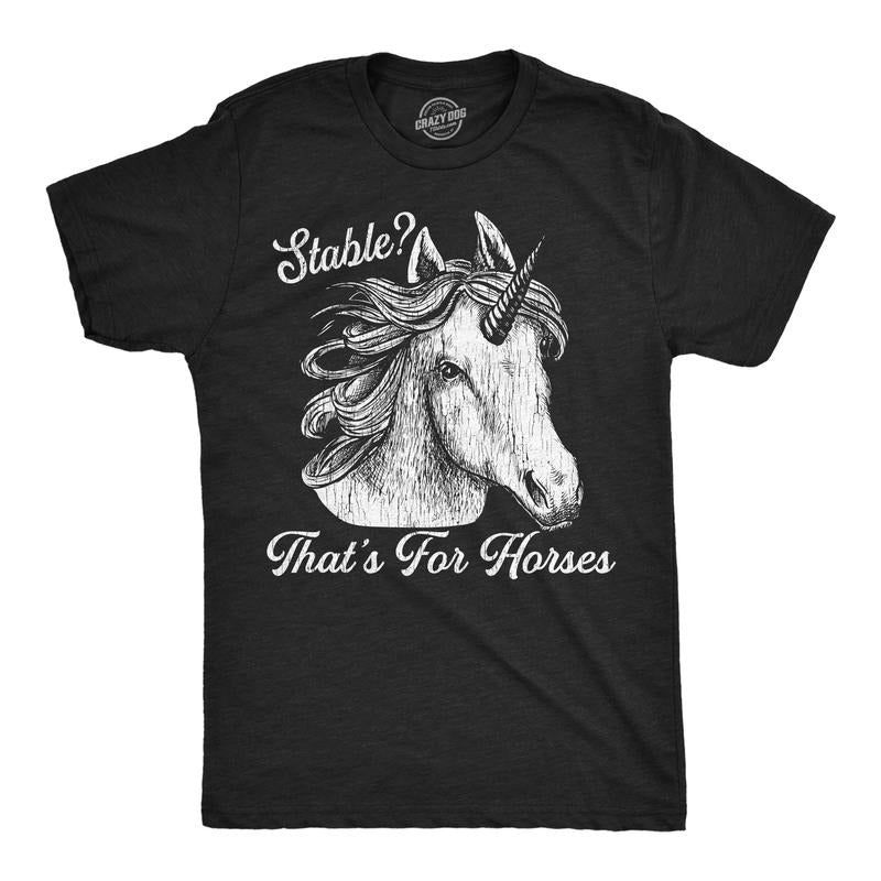 Mens Funny T Shirts Stable Thats For Horses Sarcastic Unicorn Graphic Novelty Tee For Men Mens Funny T Shirts Cool Tees Soft Stylish Casual Menswear Sarcastic Apparel for Men Funny Animal Short Sleeve Black -