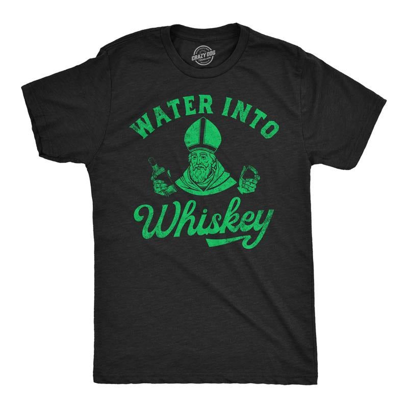 Mens Funny T Shirts Water Into Whiskey St Patricks Day Drinking Tee For Men Mens Funny T Shirts Cool Tees Soft Stylish Casual Menswear Saint Patrick's Day Apparel for Men Funny Liquor T Shirt Novelty Black -