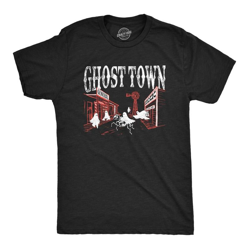 Mens Ghost Town T Shirt Funny Halloween Bed Sheet Ghosts Joke Tee For Guys Mens Funny T Shirts Cool Tees Soft Stylish Casual Menswear Halloween Apparel for Men Funny Sarcastic Short Sleeve Novelty Black -