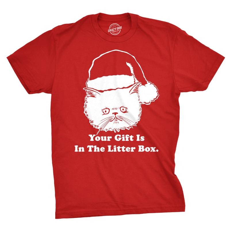 Mens Gift Is In The Litter Box Funny Crazy Cat Christmas Holiday T shirt Mens Funny T Shirts Cool Tees Soft Stylish Casual Menswear Christmas Apparel for Men Funny Cat Short Sleeve Novelty Tees for Red