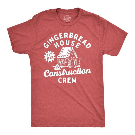 Mens Gingerbread House Construction Crew T Shirt Funny Xmas Treat Joke Tee For Guys Mens Funny T Shirts Cool Tees Soft Stylish Casual Menswear Christmas Apparel for Men Funny Sarcastic Short Sleeve Red -