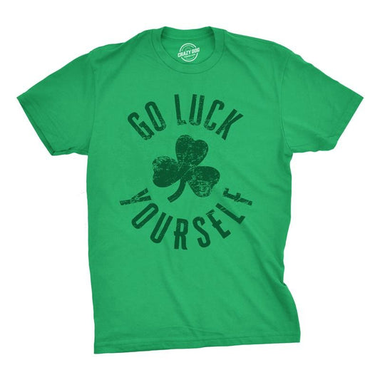 Mens Go Luck Yourself T Shirt Funny Sarcastic Shamrock Tee Saint Patricks Day Mens Funny T Shirts Cool Tees Soft Stylish Casual Menswear Saint Patrick's Day Apparel for Men Novelty Tees for Guys