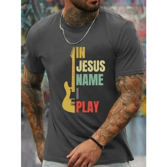 Mens Graphic Print T-Shirt - Crew Neck, Slight Stretch, Geometric Pattern, Polyester, Regular Fit, Casual Style, Short Sleeve, All-Season Wear Made in USA