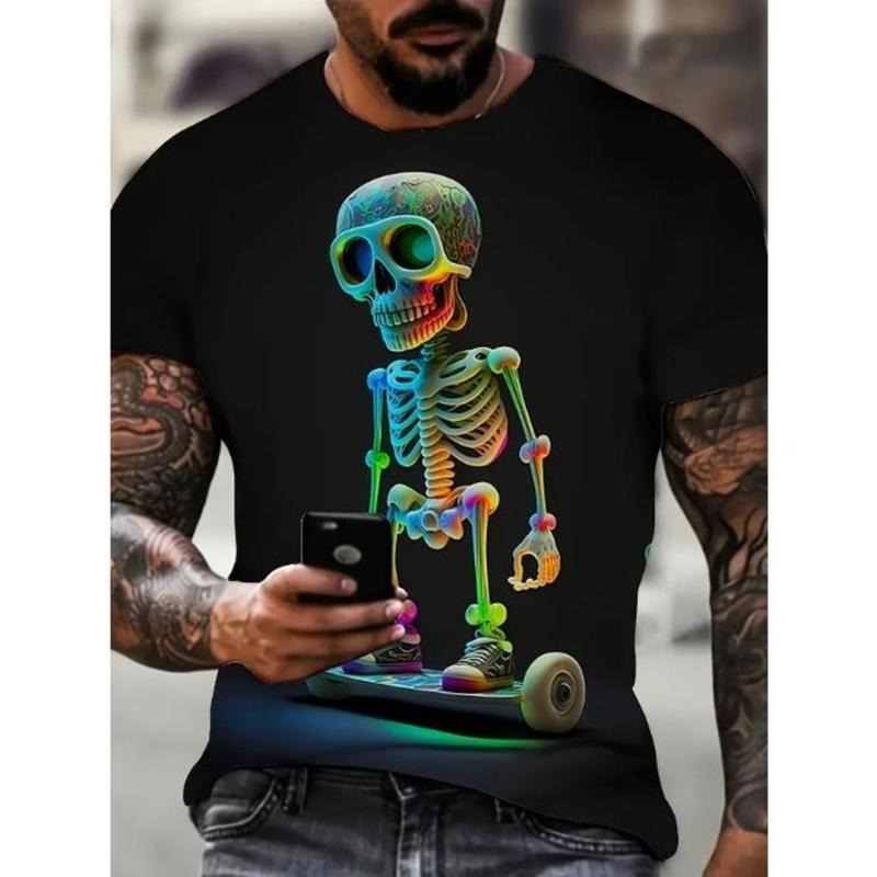 Mens Graphic Skeleton Print Crew Neck T-Shirt - Soft Slight Stretch Polyester Fabric, Machine Washable, Casual Short Sleeve Tee for Outdoor Activities - All-Season Wear Made in USA