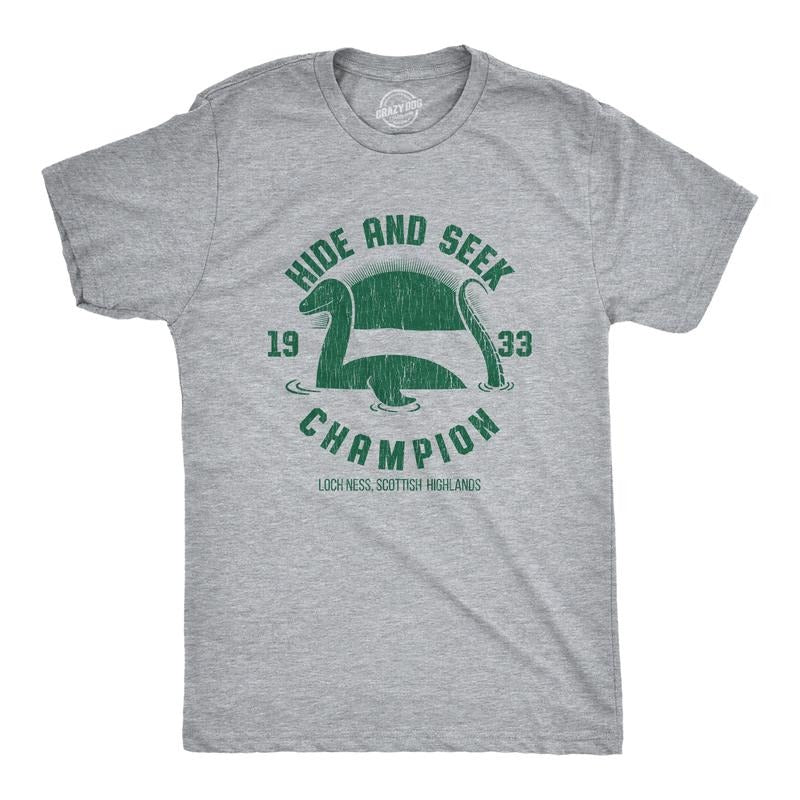 Mens Hide And Seek Champion Loch Ness Monster T Shirt Funny Sea Creature Graphic Tee Mens Funny T Shirts Cool Tees Soft Stylish Casual Menswear Funny Sarcastic Short Sleeve Novelty Tees for Guys Light Grey